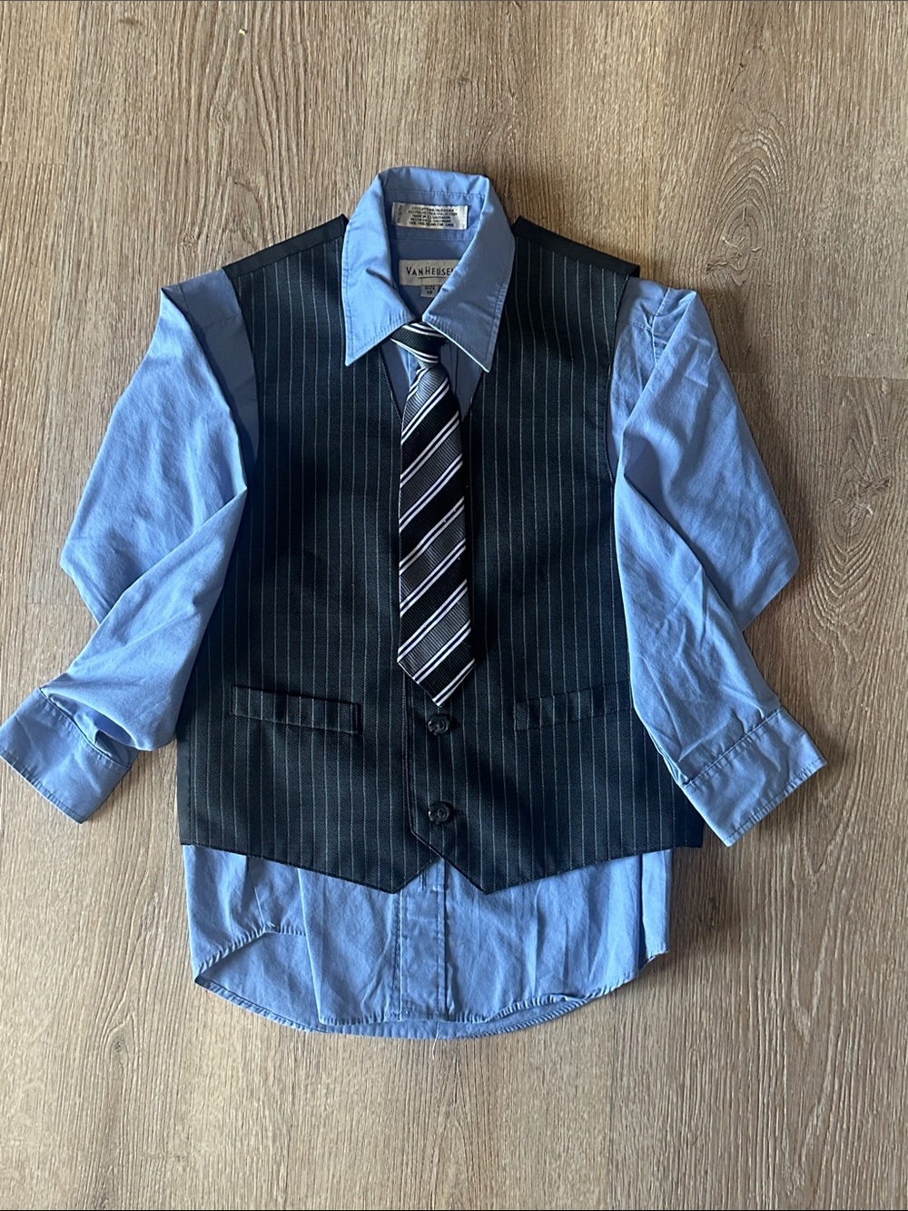 Van Heusen Black Pinstripe Vest with Light Blue Shirt & Striped Tie